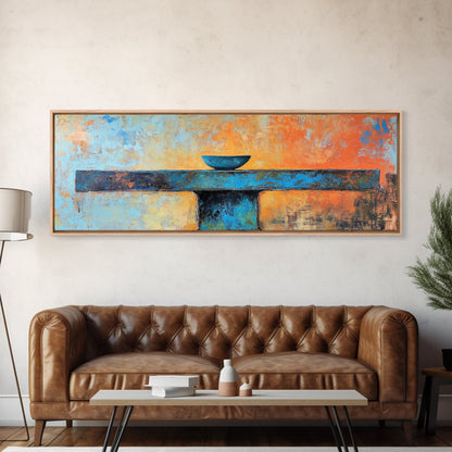 Blaue Schale, minimalistische Kunst, Wabi-Sabi-Kunst, extra breites Kunstwerk, gerahmter Leinwanddruck, salbeigrünes Wandbild, horizontales Wandbild, Therapiekunst