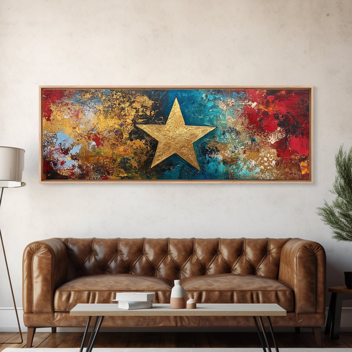 Goldener Stern, abstrakte Kunst, kräftige Farben, strukturierte Wandkunst, gerahmter Leinwanddruck, Mosaik-Wandkunst, extra breite Kunst, Kunst über dem Sofa