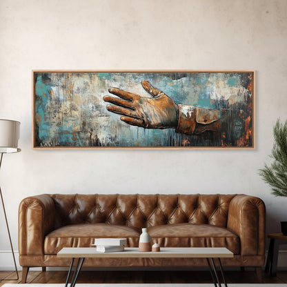 Rustikale Lederhandschuhkunst, gerahmter Leinwanddruck, Wabi-Sabi-Wandkunst, stimmungsvolle Kunst, türkisfarbene Wandkunst, extra breite Kunst, Landhauskunst