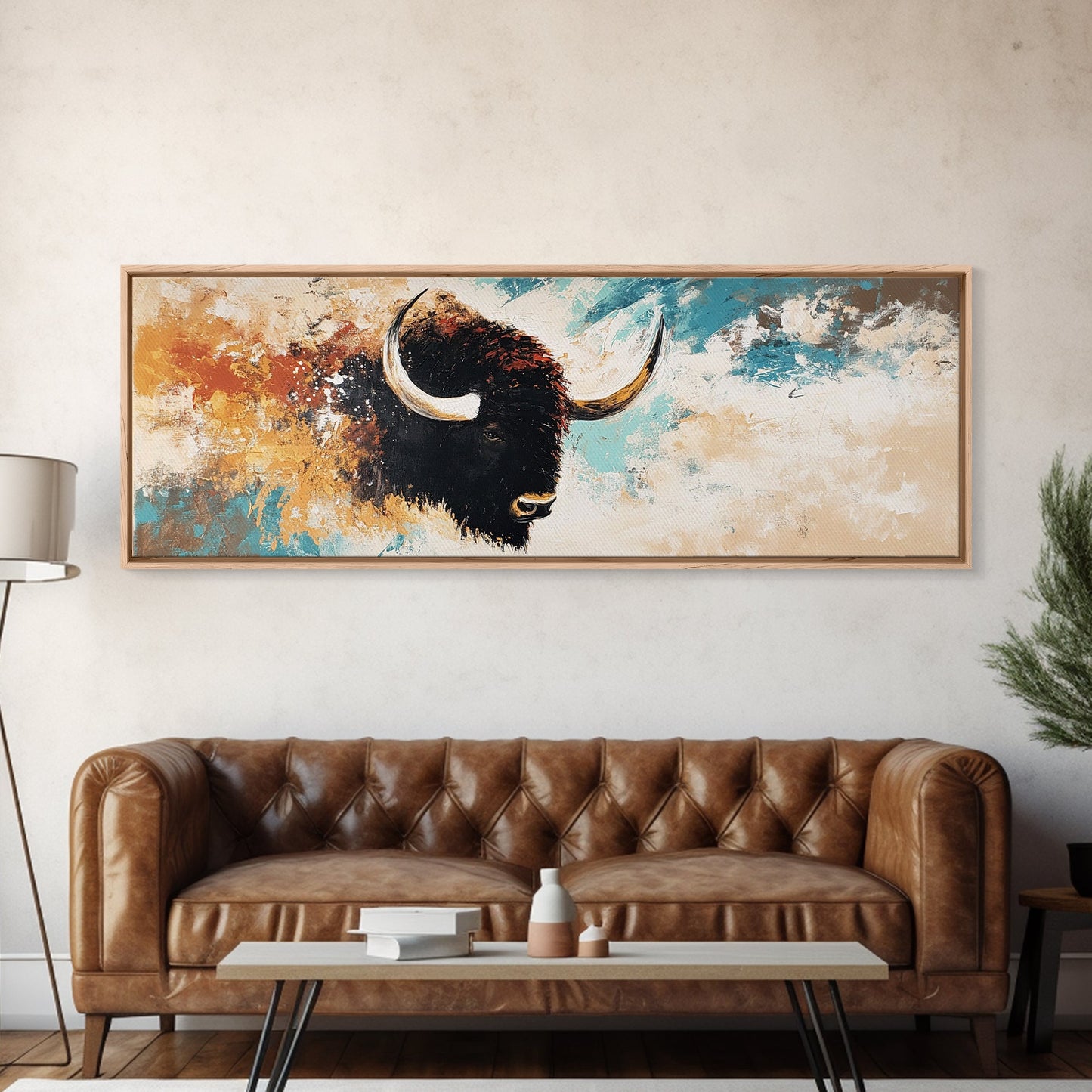 Black and White Buffalo, western wall art, rustic decor, extra wide art, moody art, minimalist painting, framed canvas print, farmhouse art