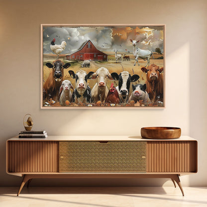 Kitsch Farmhouse Wall Art, Cute Farm Animals On A Fence, Cow Art, Pig Print, Red Barn Wall Art, Wood Framed Art