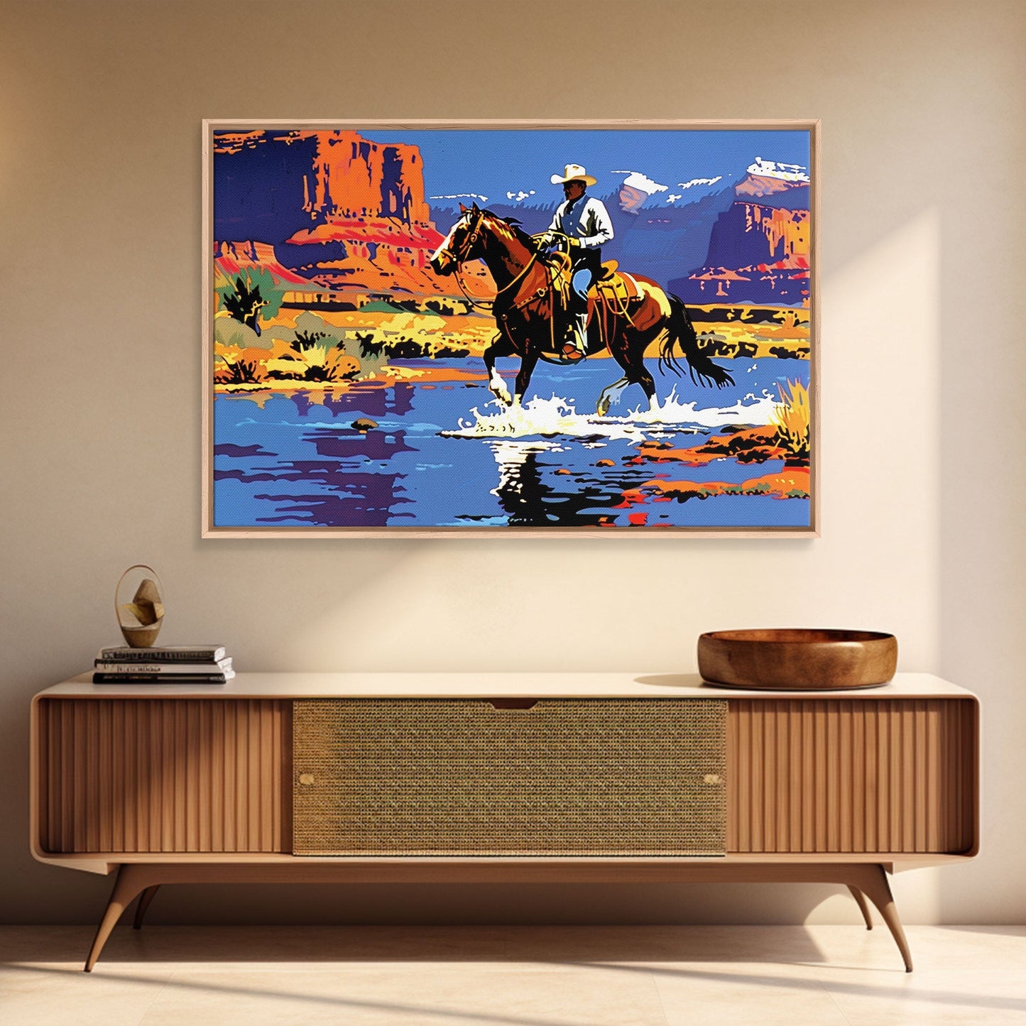 Crossing The Colorado River, Framed Canvas Print, Kitsch Western Wall Art, Colorful Western Painting Original Artwork, Pop Art Painting