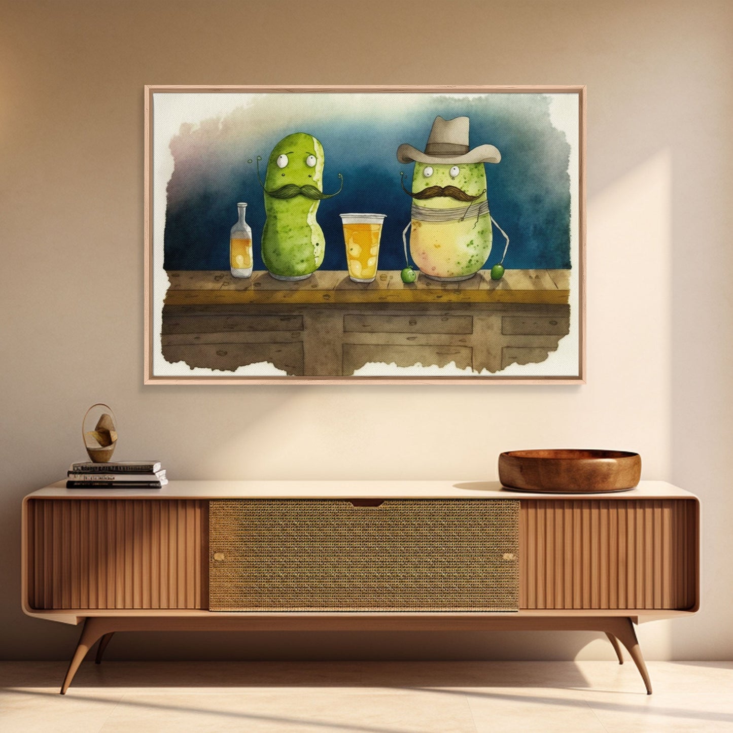 Funny Pickles In A Bar, Watercolor Painting Print, Framed Wall Art, Funny Decor, Kitsch Art, Framed Canvas Pickle Art