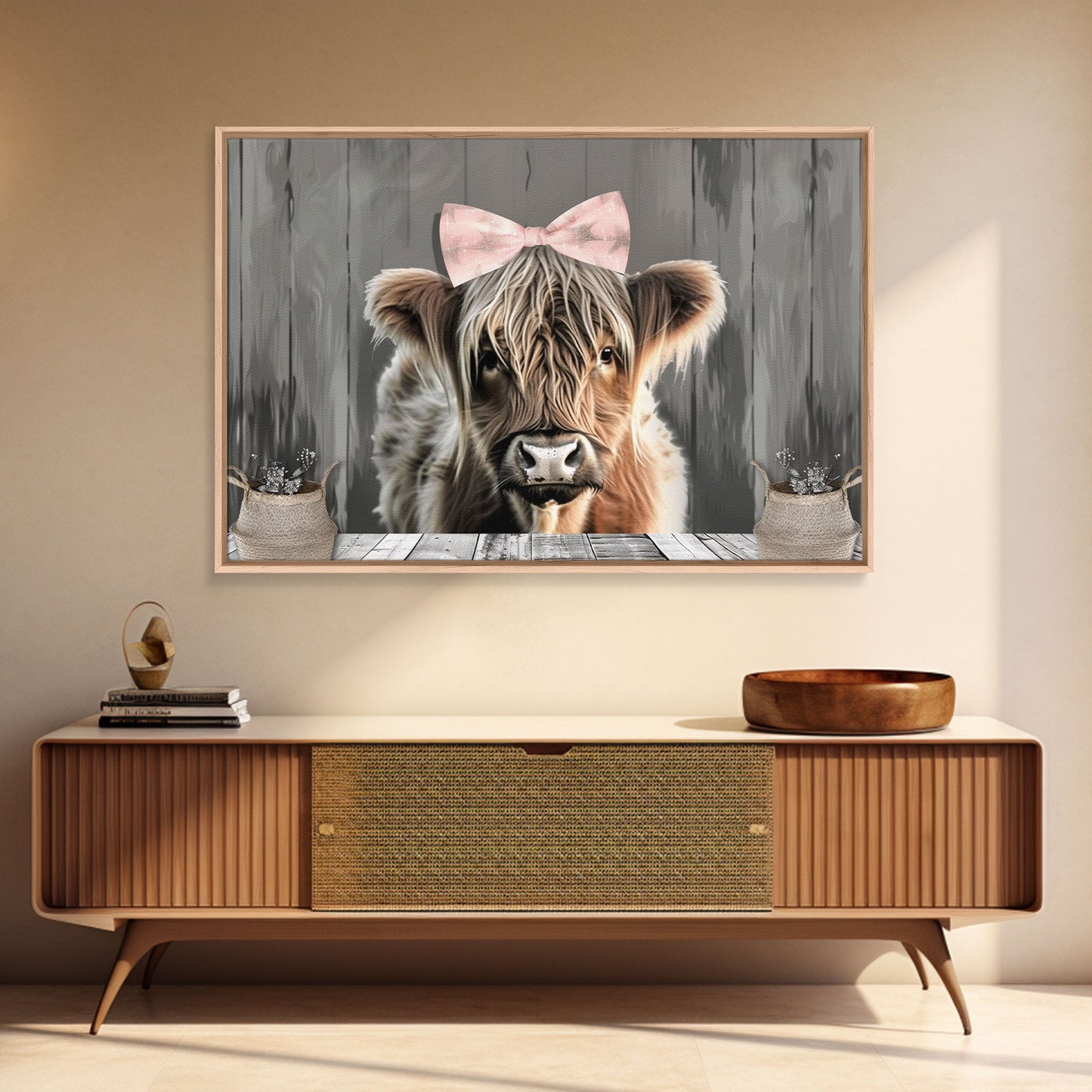 Framed Wall Art Texas Cattle, Wood Framed Canvas Print, Farmhouse Decor, Minimalist Rustic Farmhouse Painting, Cute Nursery Wall Art