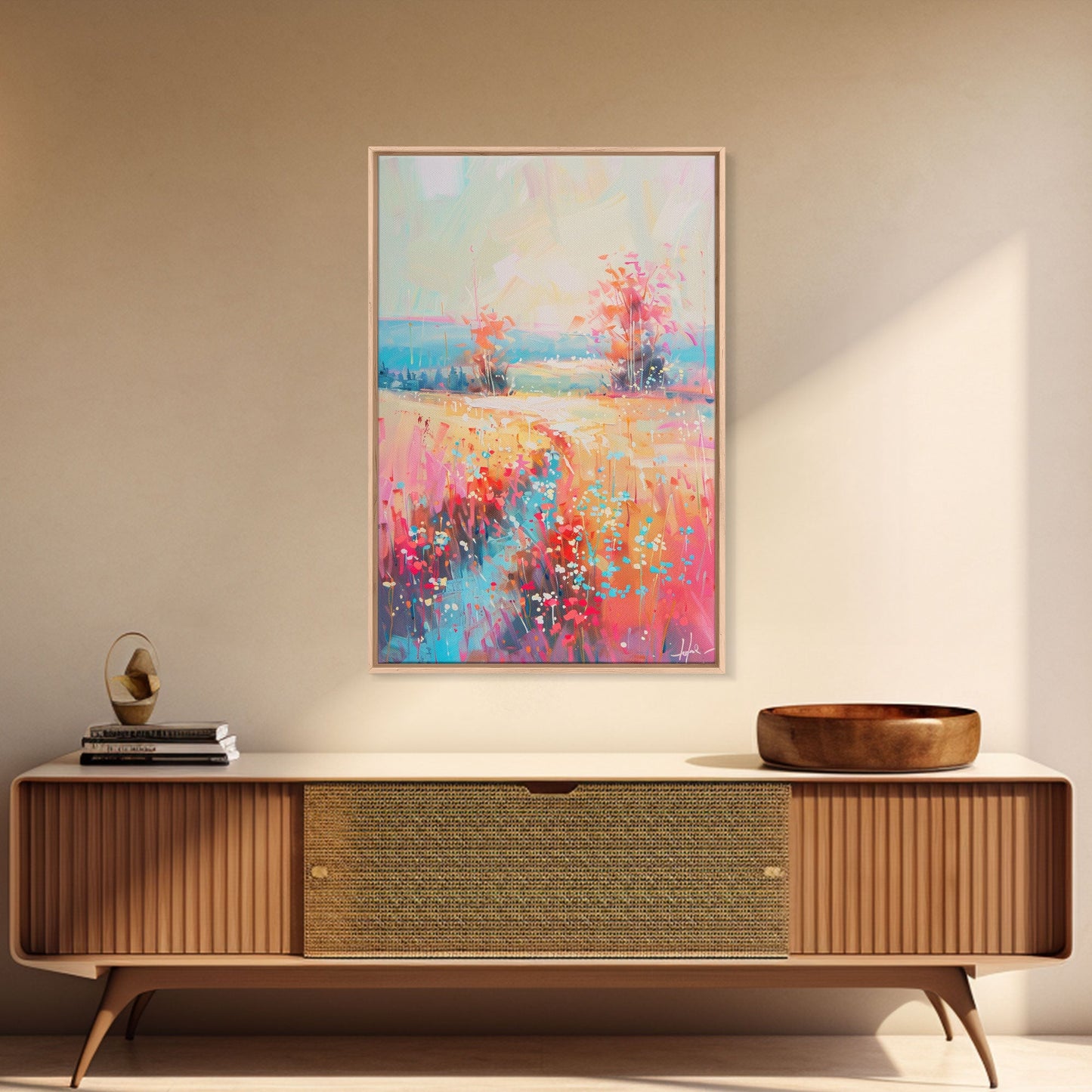 Luminous Landscape with Wildflowers - Framed Canvas Print, Radiant Living Room Art, Bright Bedroom Decor, Colorful Flower Art, Wall Art
