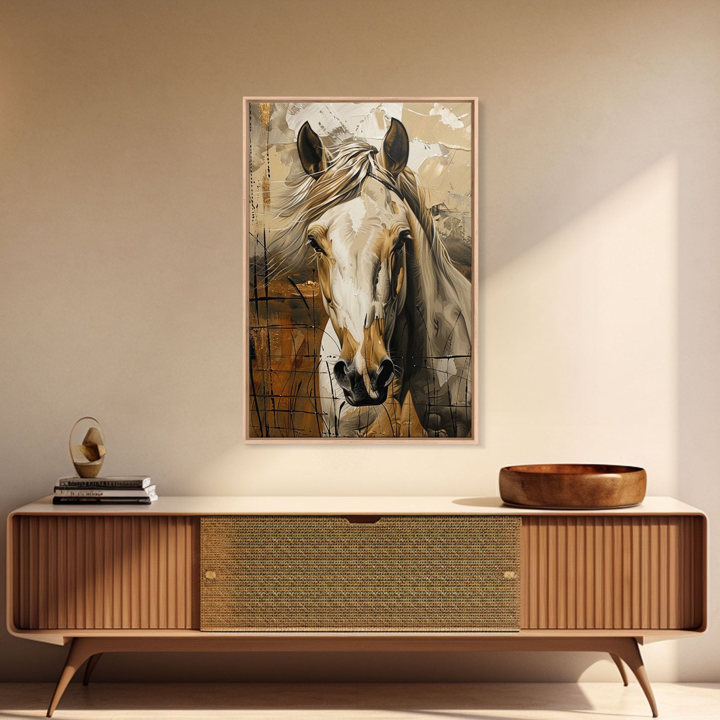 Realistic Horse Portrait with Warm Background - Framed Canvas Print, Equine Art, Living Room Wall Decor, Bedroom Horse Art Print