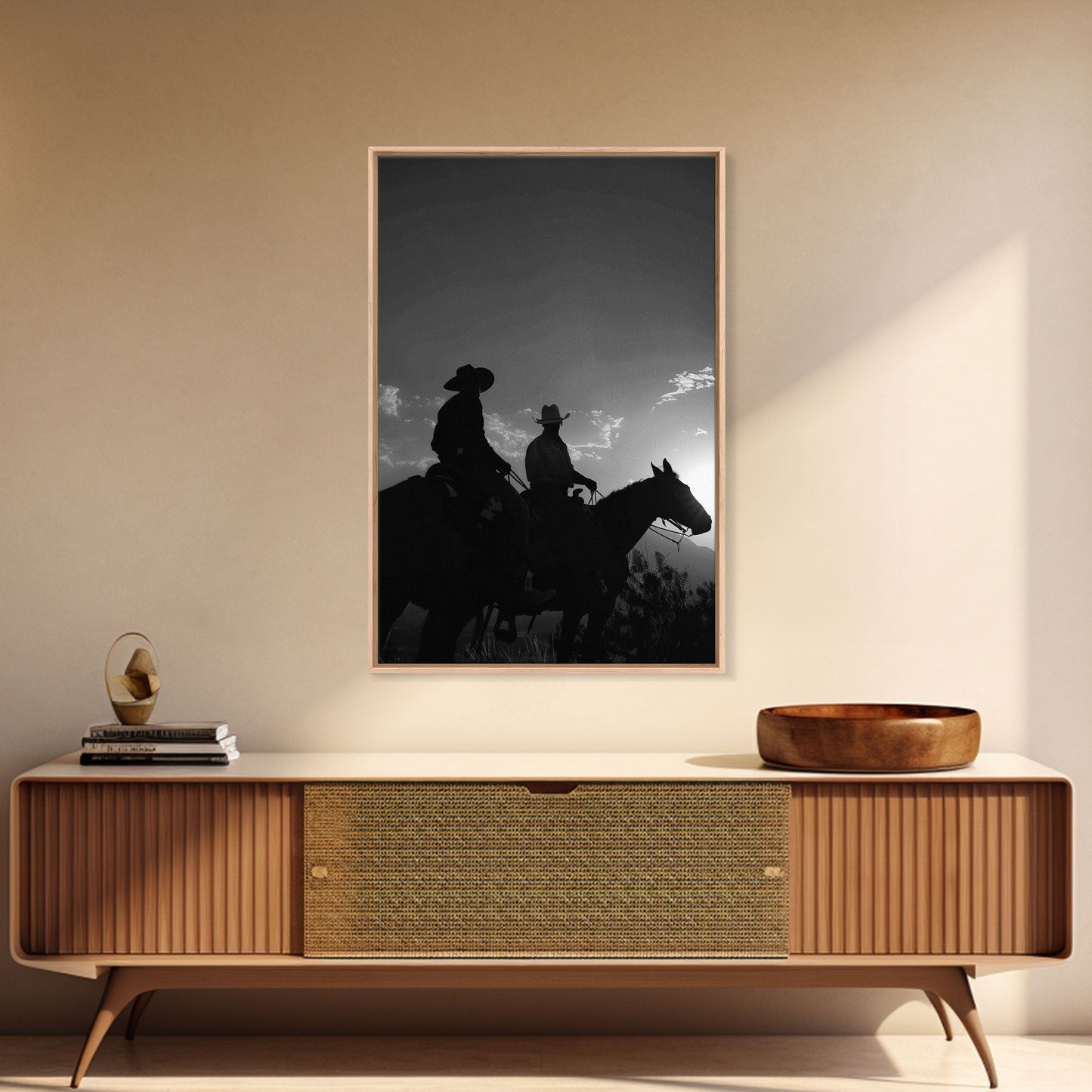 Two Cowboys Riding at Sunset in a Serene Black and White Western Landscape for Wall Art, Canvas Prints, Home Decor, Living Room Art