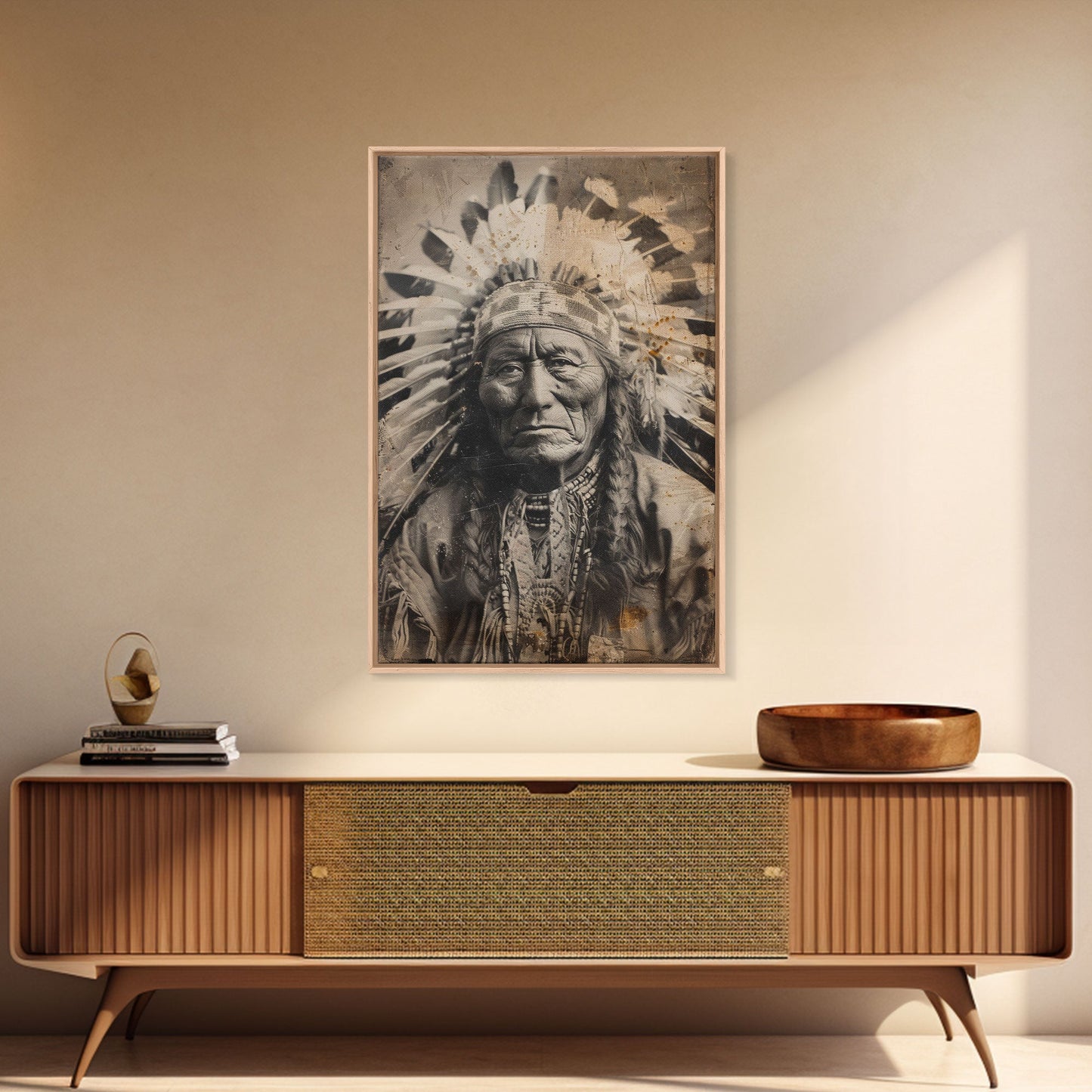 Native American Chief Portrait - Sepia Canvas Print, Historical Wall Art, Indigenous Art for Home, Rustic Native American Decor