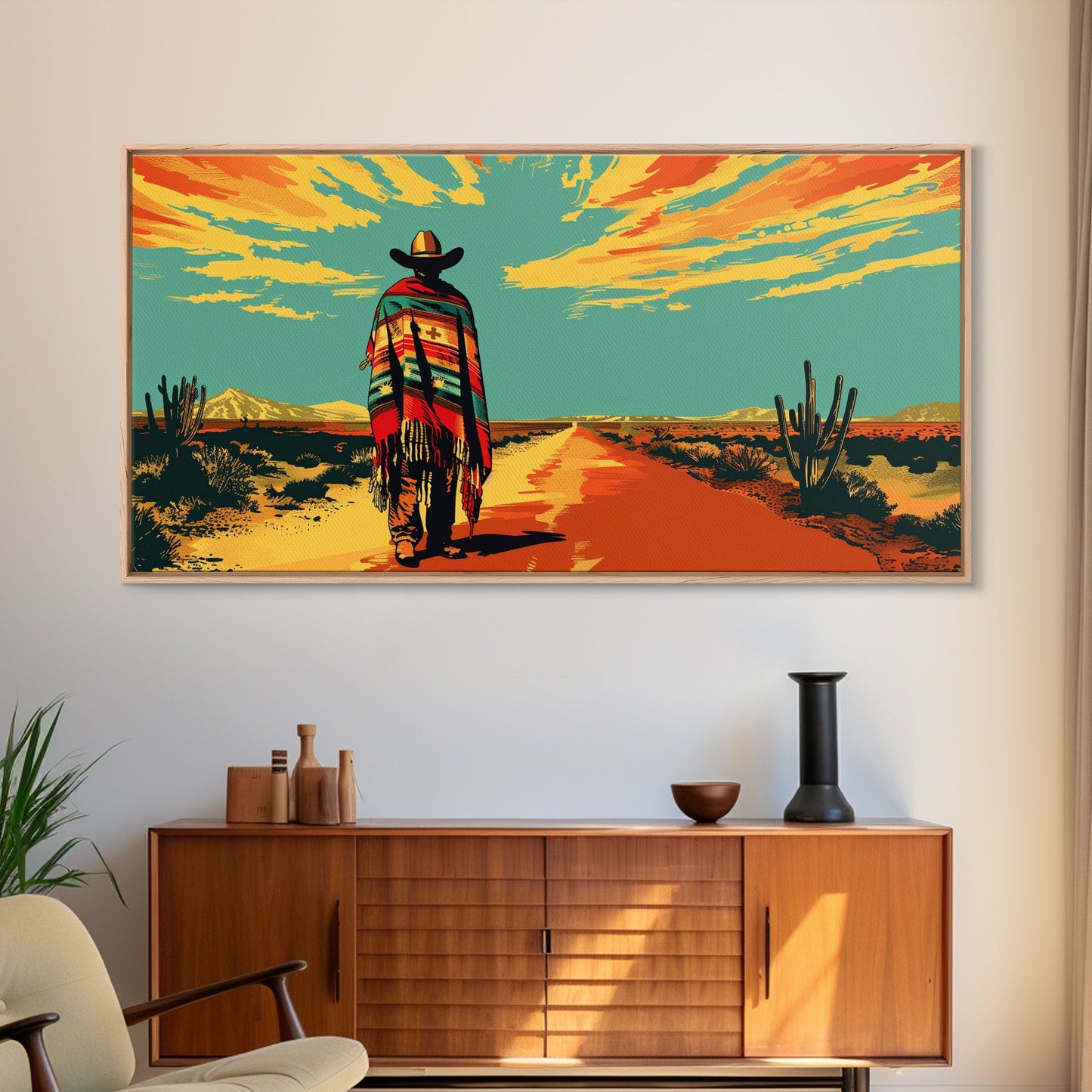 Lone Cowboy with Cactus in Desert, Perfect Living Room Art, Framed Canvas Print, Rustic Home Decoration, Boho Wall Art