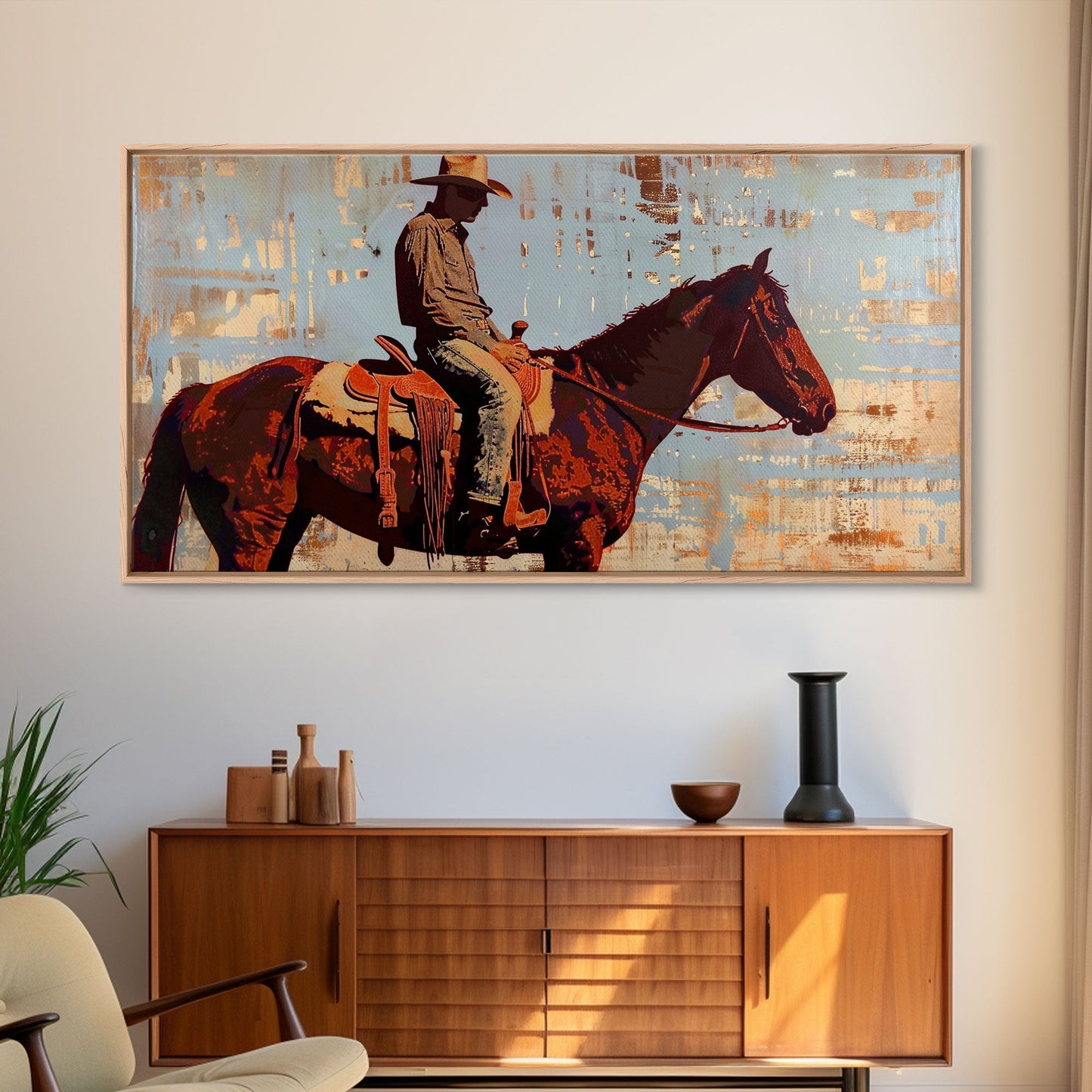 Cowboy on Horse with Rustic Background, Stunning Wall Art, Framed Canvas Print, Boho Bedroom Decor, Western Home Decoration