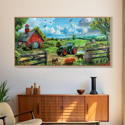 Green Tractor Near Red Barn in Countryside, Charming Farm Art, Framed Canvas Print, Country Living Room Decor, Wall Art
