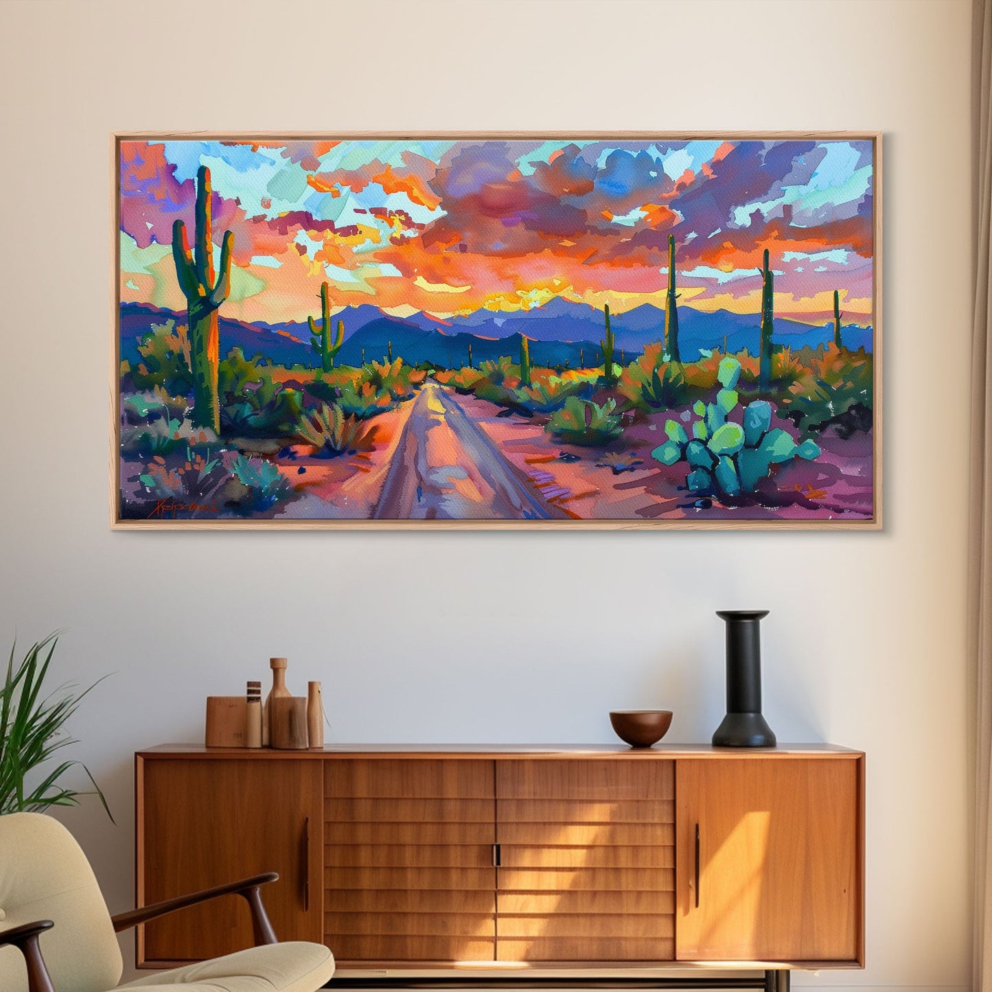Cacti and Mountains Under Sunset Sky, Vibrant Southwestern Landscape Art, Framed Canvas Print, Boho Living Room Decor, Desert Scene