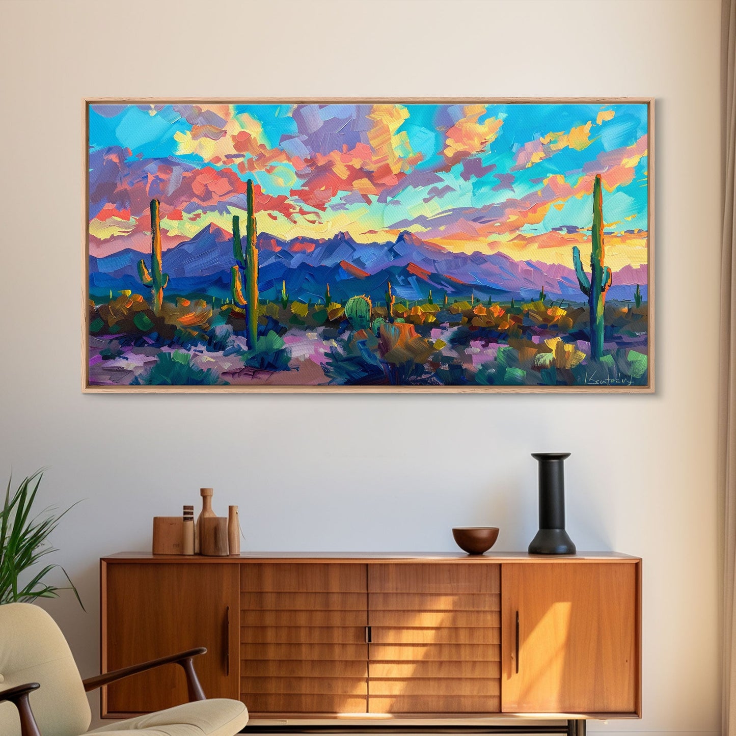 Expansive Desert Landscape at Sunset, Colorful Southwestern Art, Framed Canvas Print, Boho Living Room Wall Decor, Desert Scene