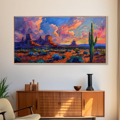 Radiant Mountain Sunset with Saguaro Cacti, Framed Canvas Print for Living Room Art, Perfect for Boho and Southwestern Decor