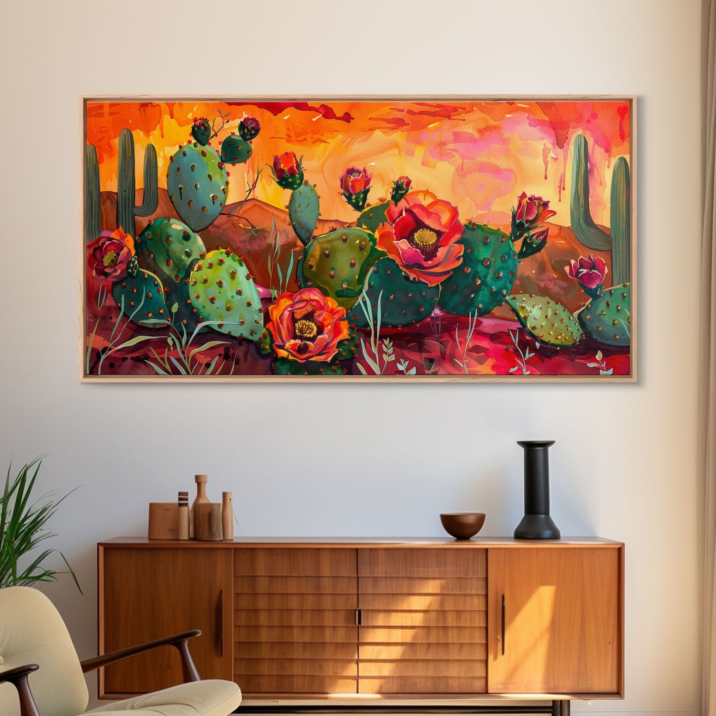 Prickly pear cacti with vibrant blooms in desert scene, Framed Canvas Print, great for modern living room, boho wall decor