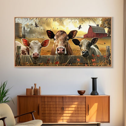 Cute cows peeking through barn fence, Framed Canvas Print, ideal for farmhouse living room, country style wall art decor