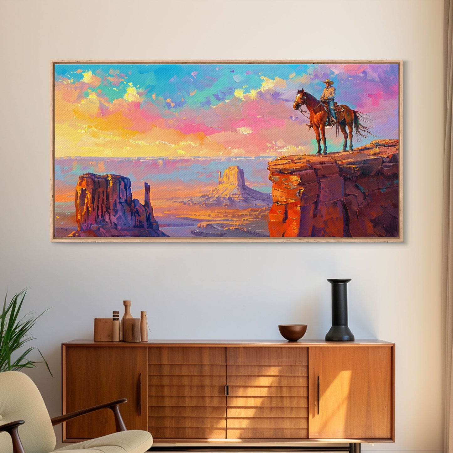 Cowboy Overlooking Monument Valley, Farmhouse Style Framed Canvas Print for Bedroom Wall Art, Rustic Home Decor, Scenic Western Landscape