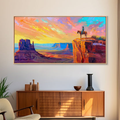 Cowboy with Horse on Cliff Edge, Farmhouse Style Framed Canvas Print for Living Room Wall Art, Vibrant Home Decor, Western Scenic Art