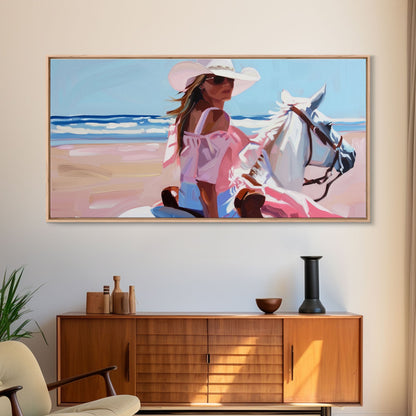 Elegant Cowgirl on Horse by the Shore, Beautiful Framed Canvas Print, Ideal for Coastal Living Room Art, Beach Bedroom Decor, Horse Wall Art