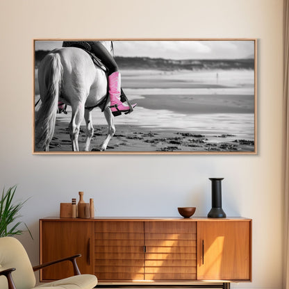 Beach Horseback Rider with Pink Boots, Delightful Framed Canvas Print, Ideal for Living Room or Bedroom Wall Art
