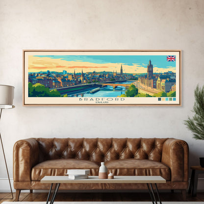 Bradford, England Panoramic Travel Poster Canvas Print, Bradford, England Painting, England Art, Bradford Travel Art, Guest Room Painting