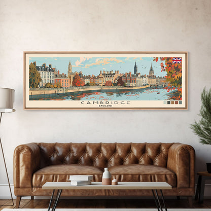 Cambridge, England Panoramic Canvas Print, Cambridge, England Painting, England Art, Cambridge Travel Poster, Travel Art, Living Room Painting