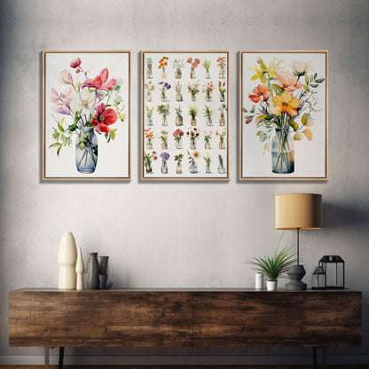3 Piece Set, Cute Kawaii Floral Print, Flowers In Vases, Framed Wall Art, Canvas Print, Botanical Wall Decor, Dried Flower Large Triptych