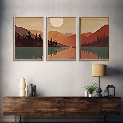 Boho Wall Art Prints, 3 Panel Canvas Art, Pacific Northwest Sunset, Boho Wall Art Set Minimalist Modern Mid Century Abstract Forest Wall Art