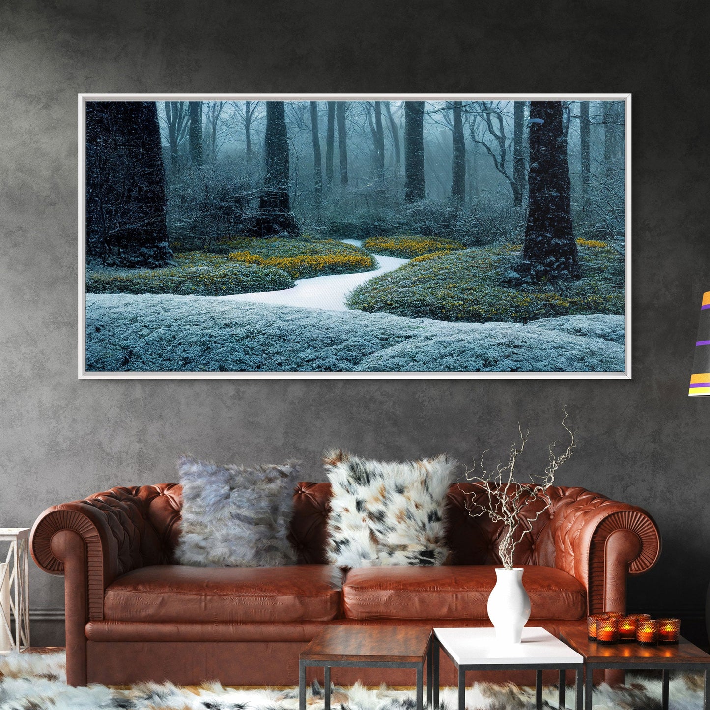 Cabin art, snow covered winter forest, winter vacation home art, framed canvas print, ready to hang framed wall art