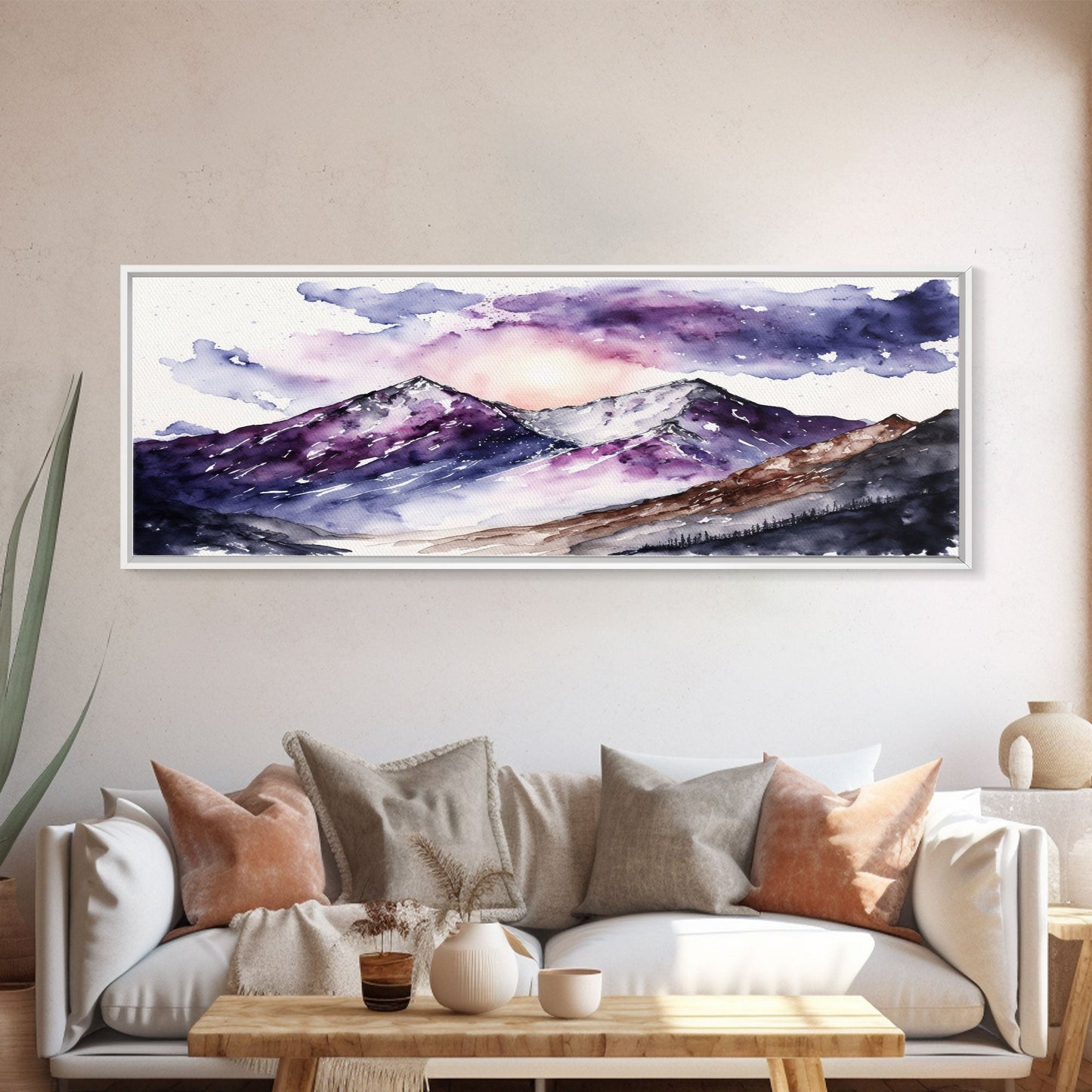 Framed Canvas Print of Majestic Mountain Landscape | Vibrant Hues | Watercolor Painting | Ready-to-Hang | Home Decor