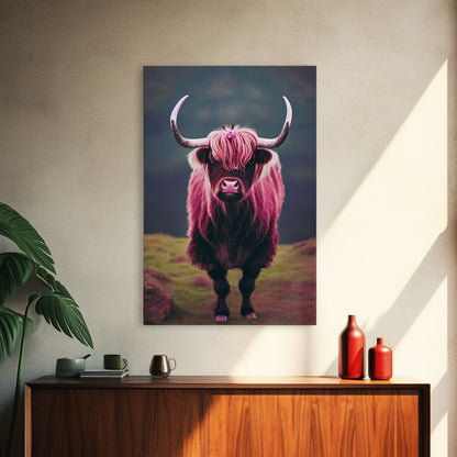 Colorful farmhouse art, Highland cow, Scotland cattle, framed canvas print, pink cow