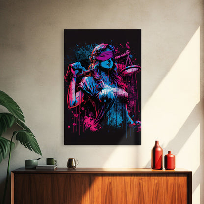 Graffiti art, lady justice, vaporwave cyberpunk justice is blind, fine art poster print