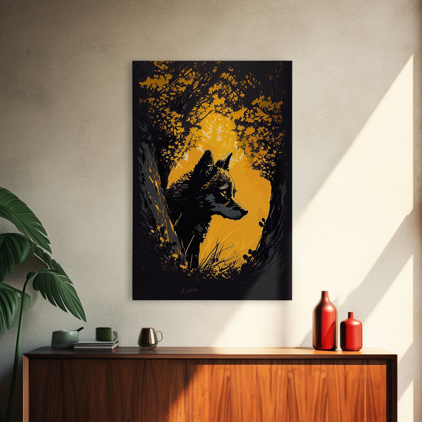 Watercolor of a wolf in the forest, framed canvas print