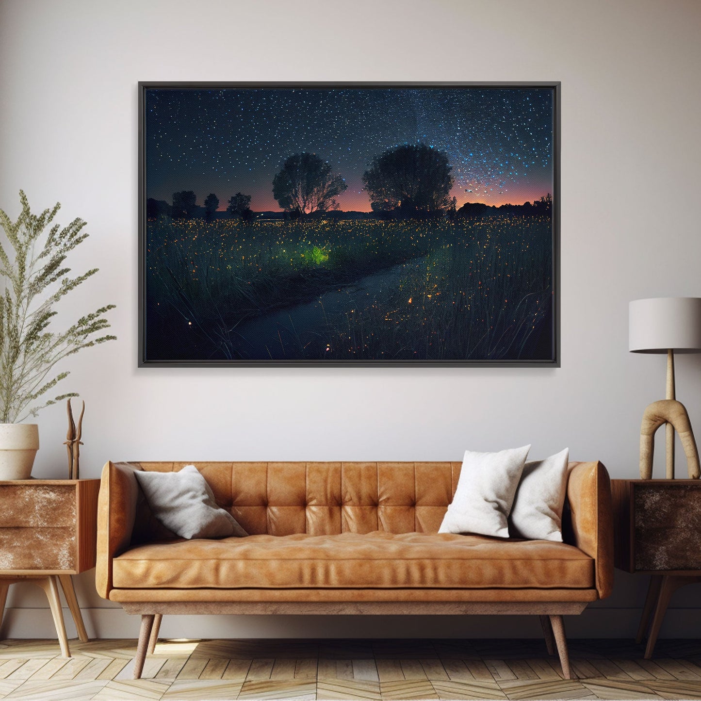 Fireflies light up the Oklahoma Prairie under a Starry night sky, framed canvas print