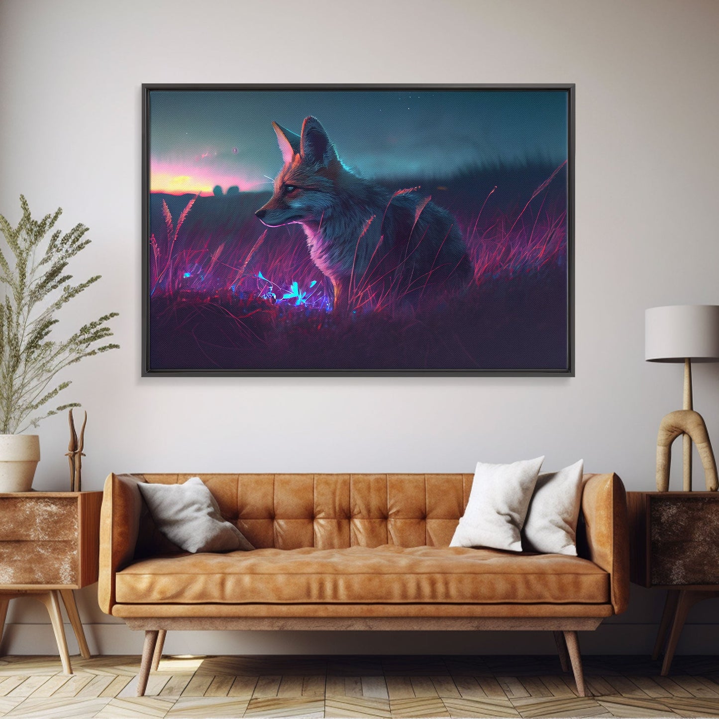 Cute animal prints, vaporwave fox hunting in the tall grass, framed canvas print