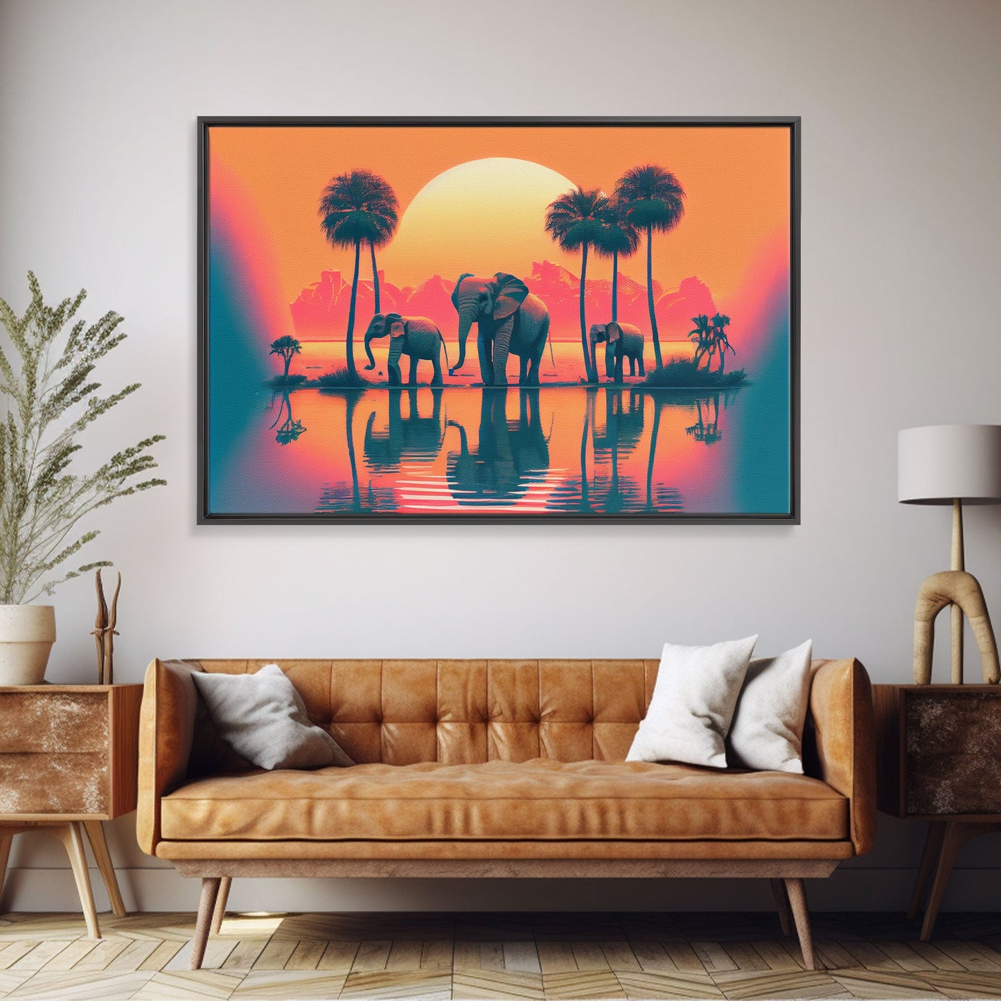 Sun beading down on a family of Elephants, framed canvas print