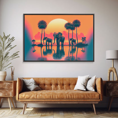 Sun beading down on a family of Elephants, framed canvas print