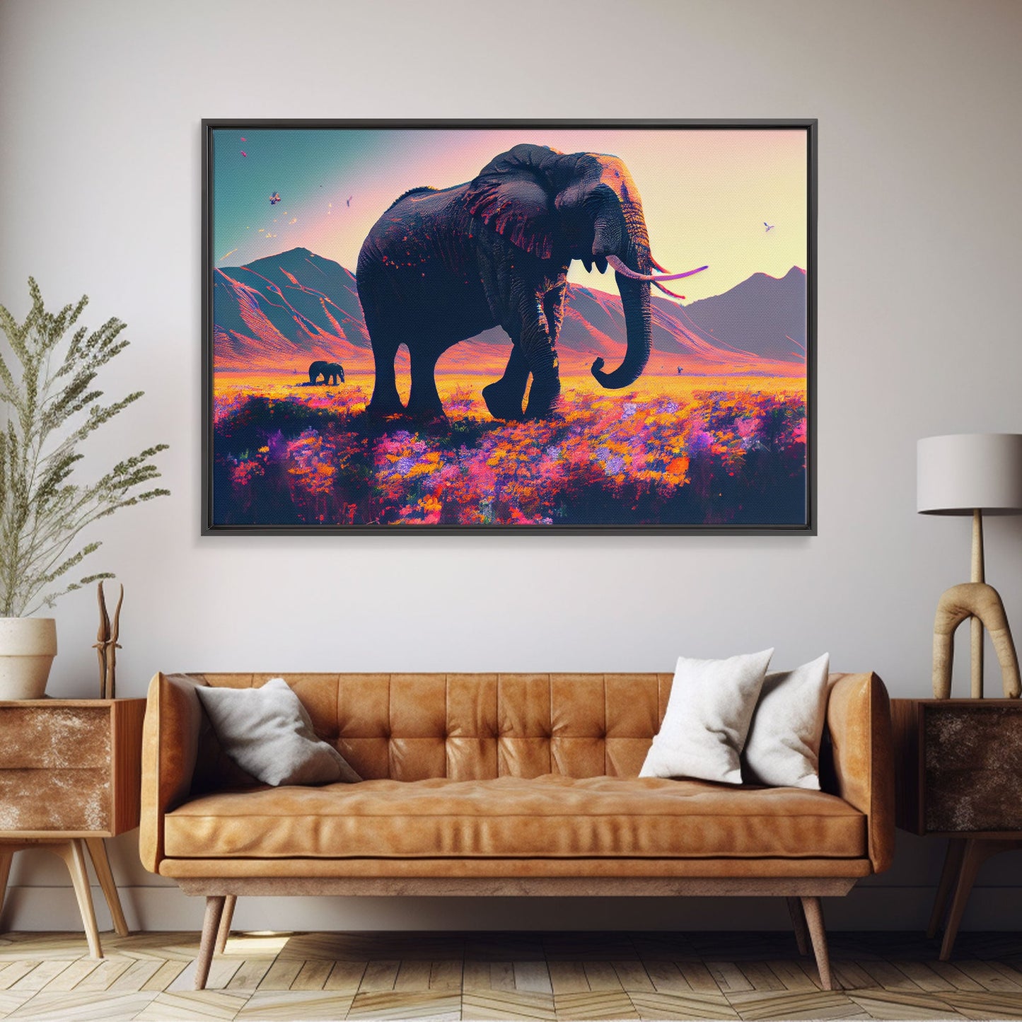 Elephants of Africa, Vibrant and colorful landscape, vaporwave, framed canvas print