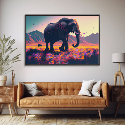 Elephants of Africa, Vibrant and colorful landscape, vaporwave, framed canvas print