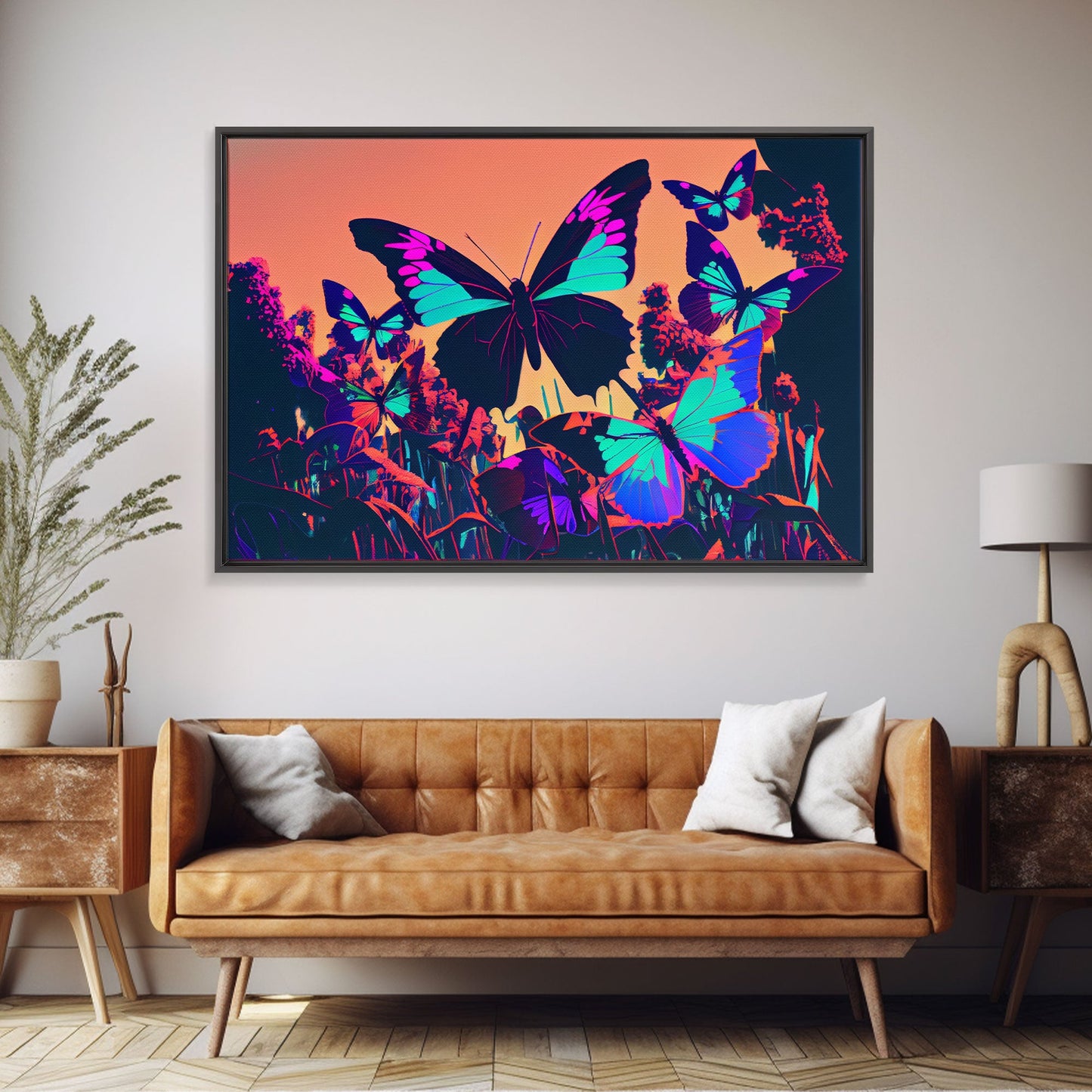 Beautiful butterfly art, vaporwave aesthetic pastel art, framed canvas print