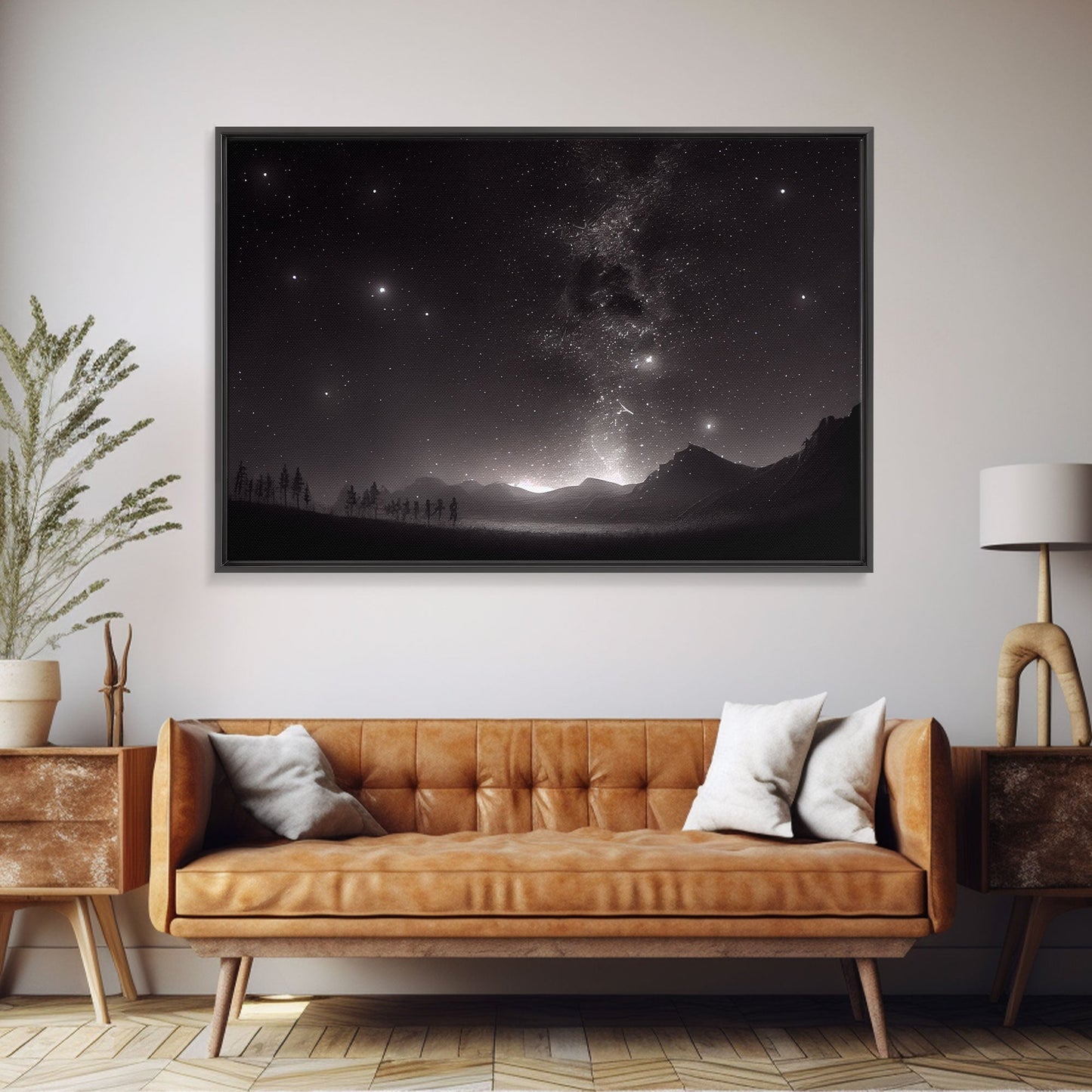 Black and white Watercolor of a starry night sky over a pine forest, framed canvas print