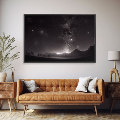 Black and white Watercolor of a starry night sky over a pine forest, framed canvas print