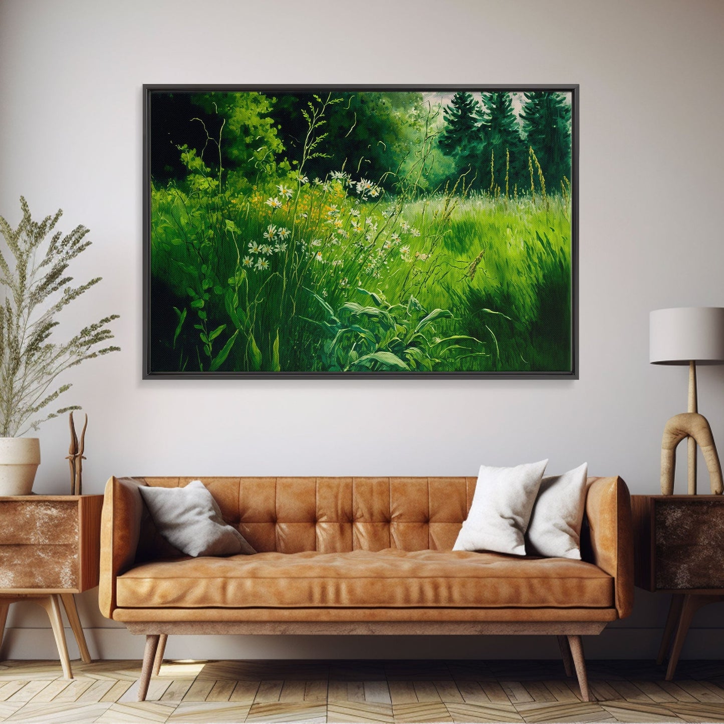 Beautiful field of wildflowers, Emerald green watercolor, framed canvas print, living room wall decor