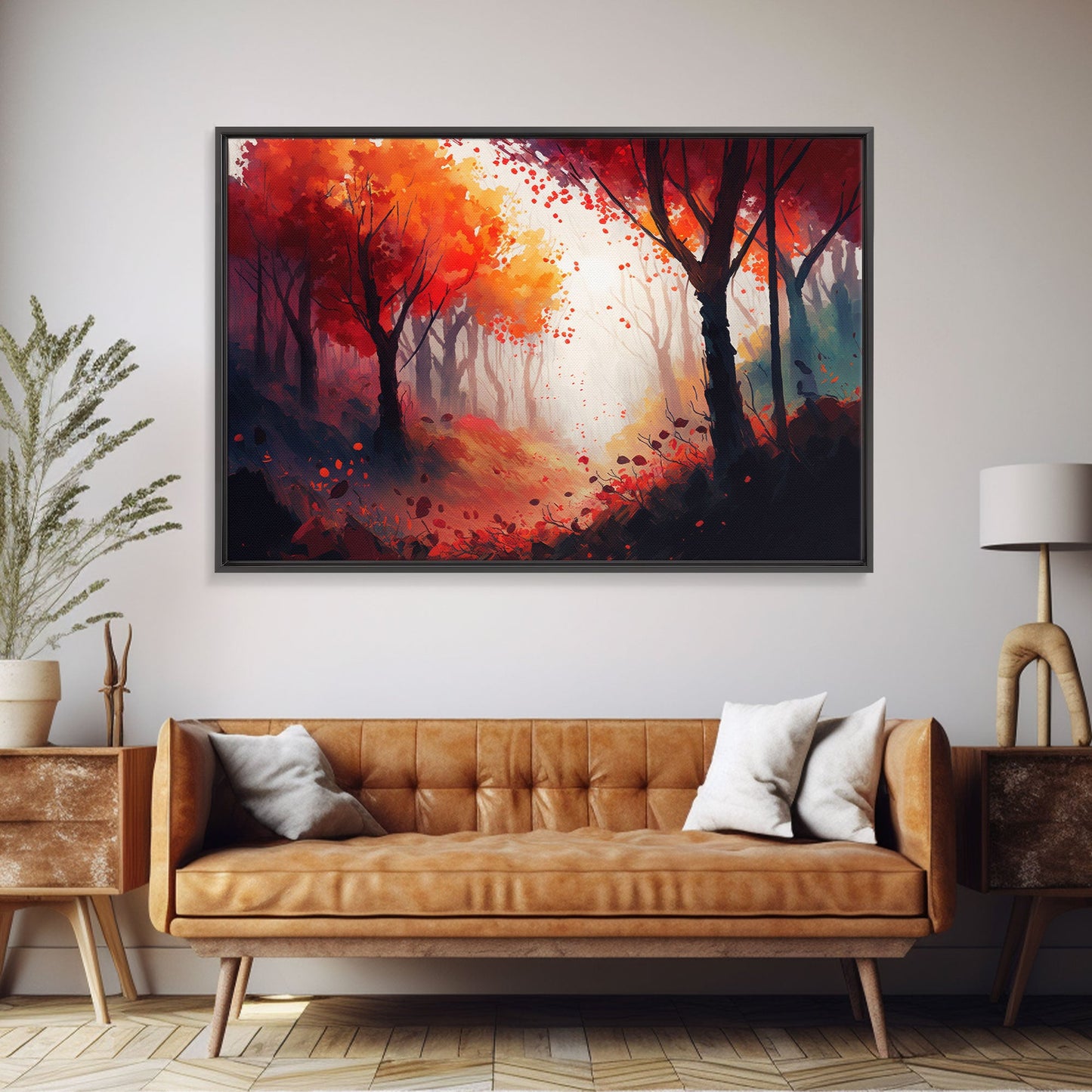 Autumn in the forest, orange and red leaves, framed canvas print, watercolor painting print on canvas, colorful wall art