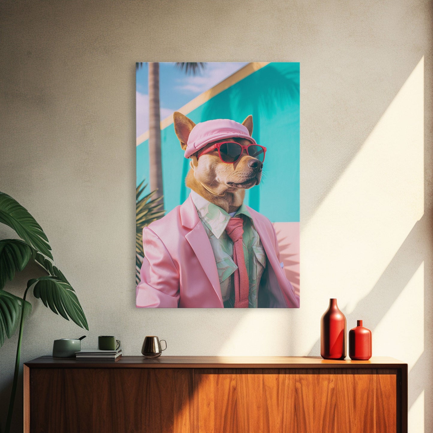 Shiba Inu Wall Print, Dog Wall Art, Dog With Shades, Pink Suit, Funny Wall Art, Framed Wall Art, Framed Canvas, Wall Print, Wall Canvas
