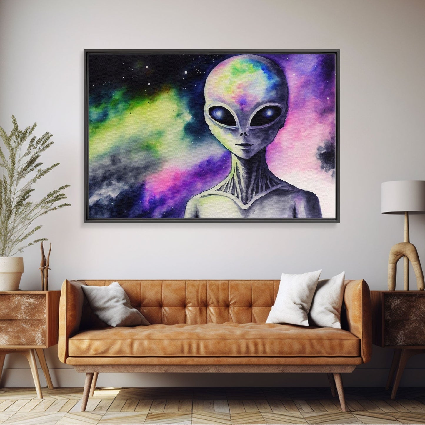 Psychedelic Intergalactic Alien Art, Watercolor Style, Framed Canvas Print, Scifi Wall Art