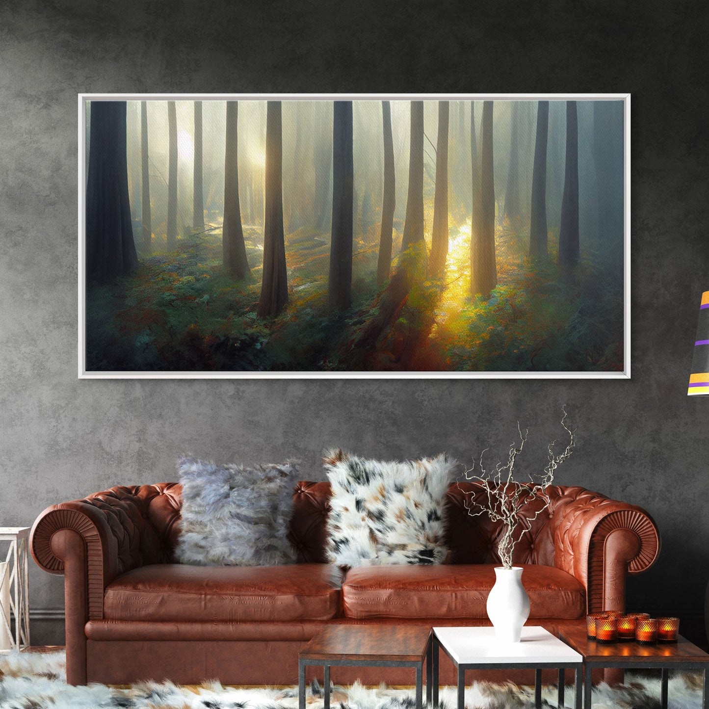 Canvas print of a forest floor at golden hour, watercolor painting print, cool living room or guest room wall art