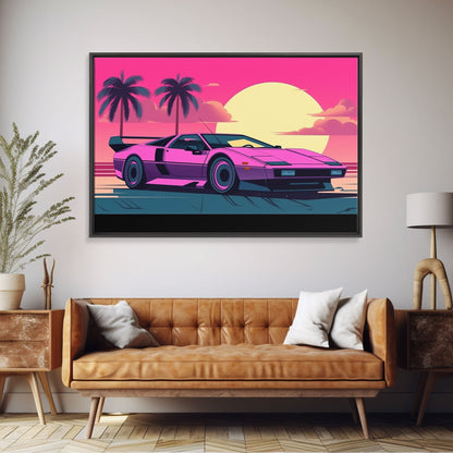 Classic sport car Wall Art, Framed Canvas Print, Guest room art, Beautiful sunset, Synthwave Style, Pink Colors, Pop Art Style, Tropical art