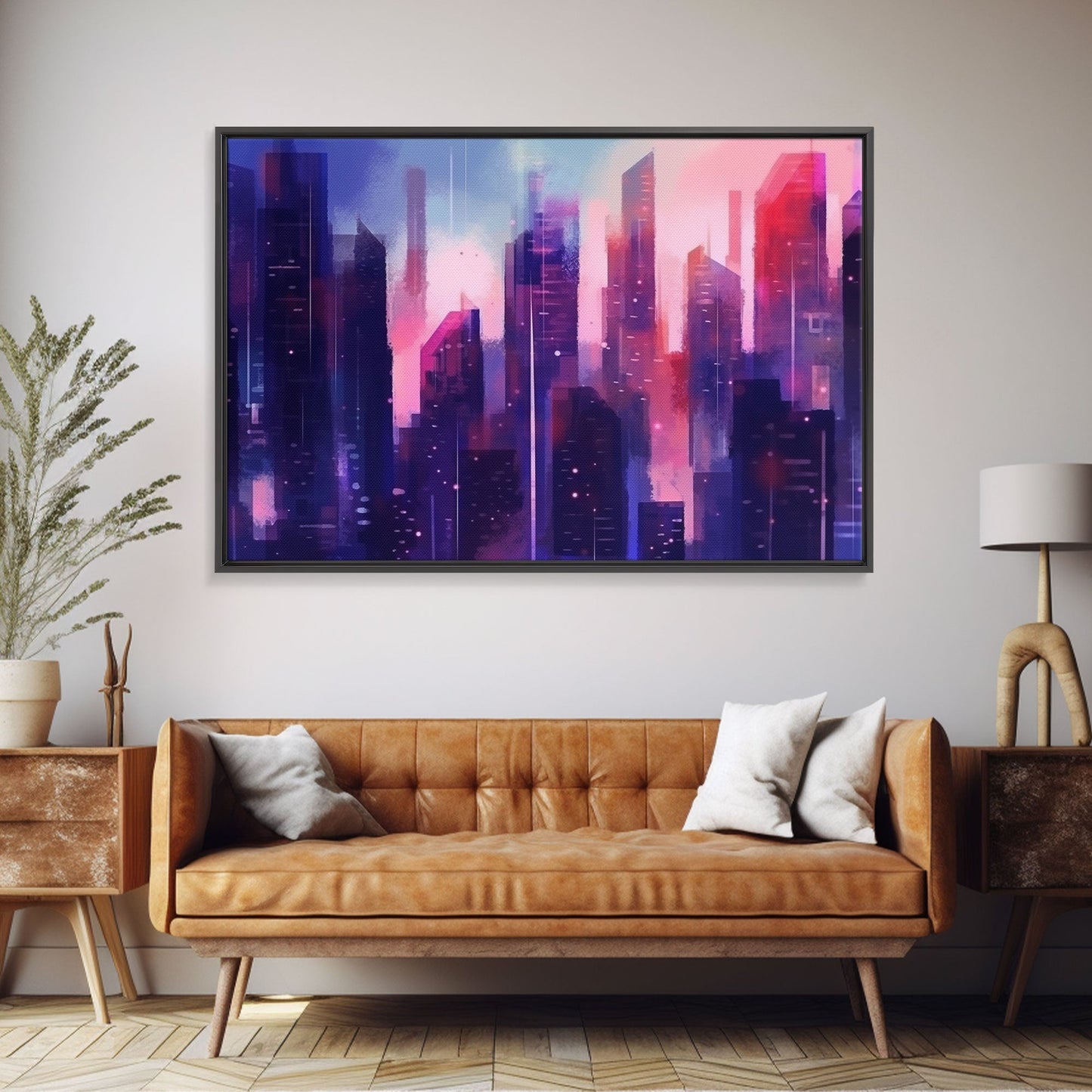 Buildings Wall Art - Framed Canvas Print - Original painting - Vaporwave Style - Watercolor colors - Pop Art Style - Living room art