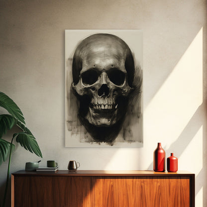Charcoal Drawing, Gothic Art Print, Human Skull Decor, Canvas Print, Wall Art, Vertical Art, Entryway Prints, Wall Hanging, Birthday Gift